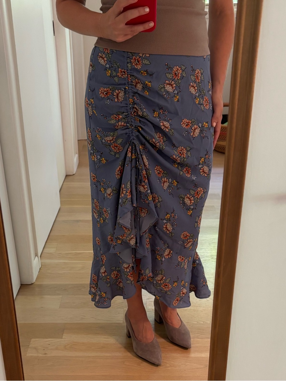Max Studio Lavender Blue Floral Ruched Midi Skirt